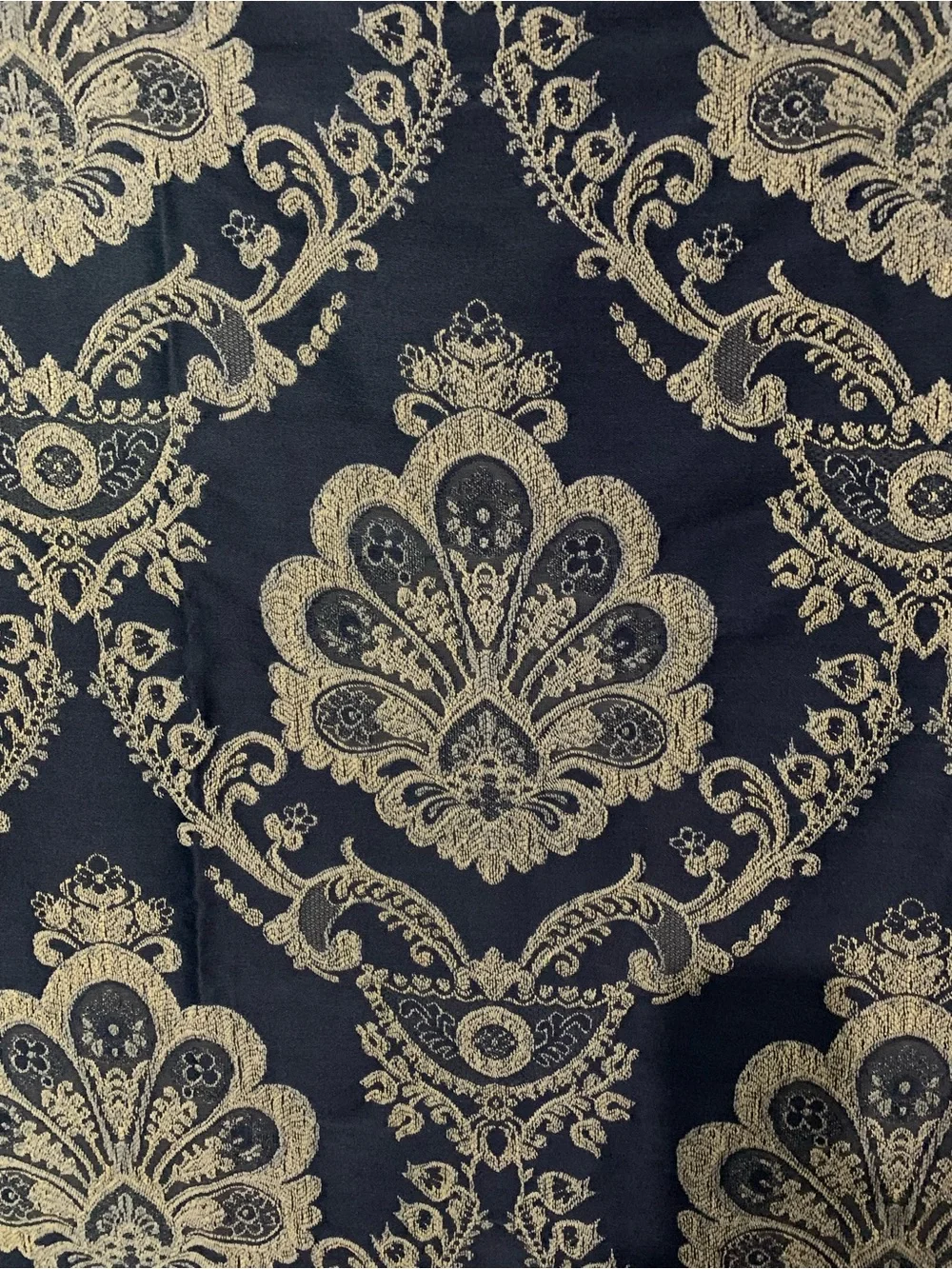 Noble Excellence Navy Blue & Beige Damask Pattern Jacquard Fabric Shower Curtain